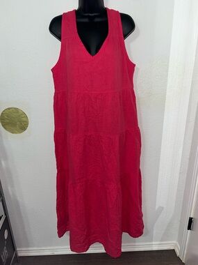 NWT Quince Organic Cotton Flowy Tiered Sleeveless Maxi Dress in Hot Pink